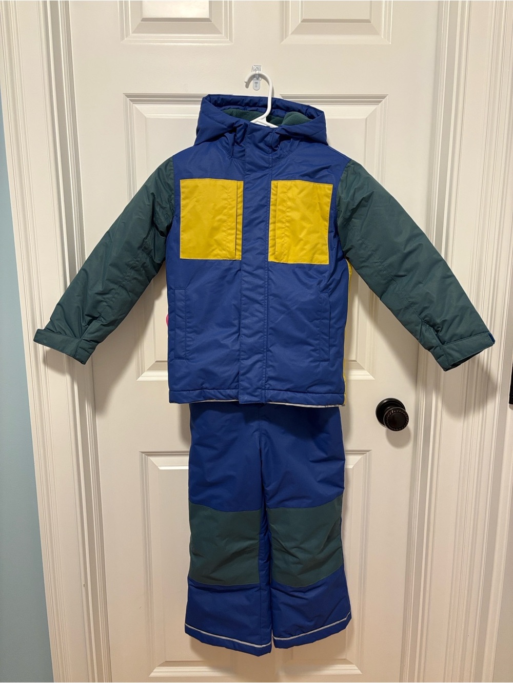 Hanna Andersson Blue Jacket and Snow Pants with Yellow Pockets and Green Sleeves